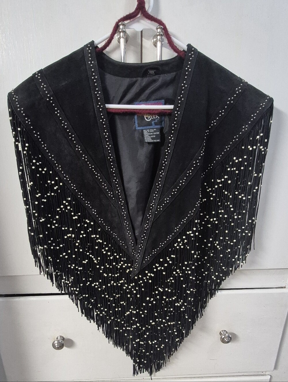 Cripple Creek Black Leather Western Shawl Vest Beaded Fringe Studded Capelet